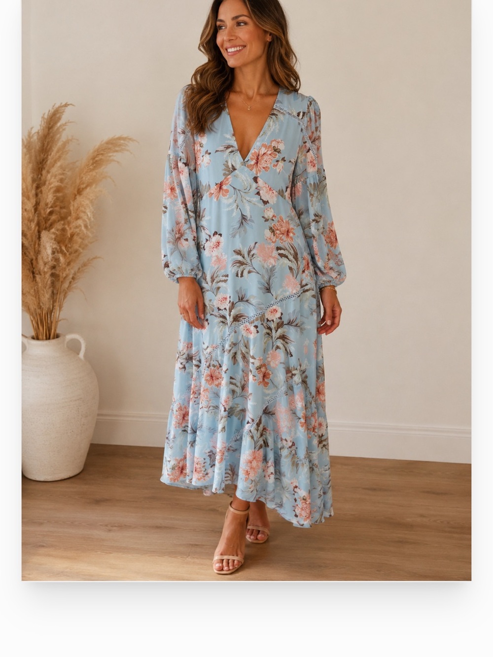 Light Blue Floral Midi Wrap Dress with Long Sleeves